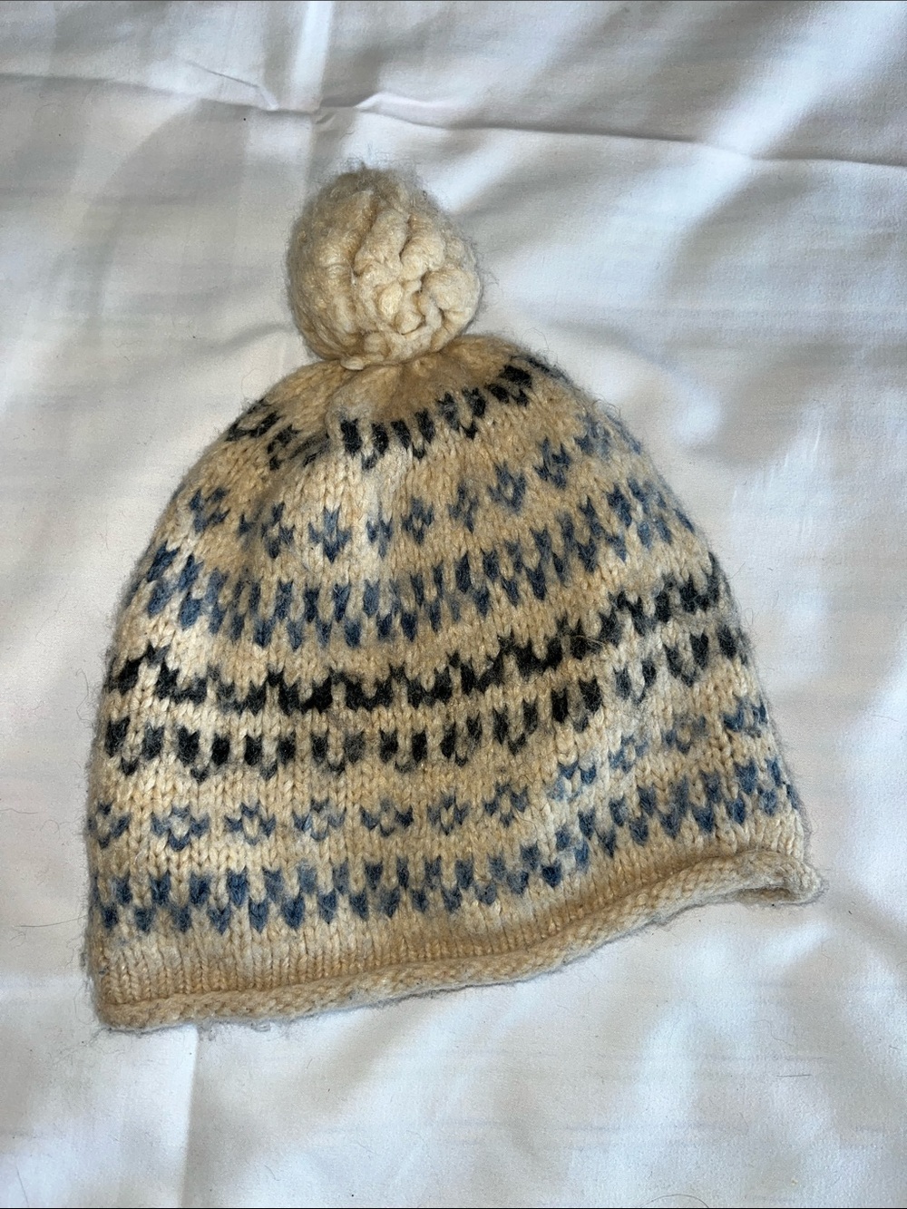 Madewell Cream and Blue Wool Blend Pom Pom Beanie Hat
